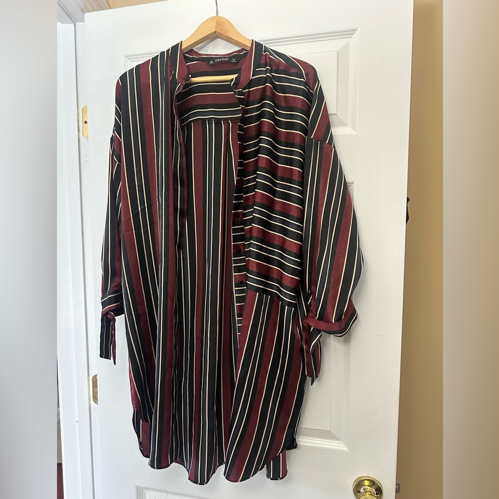 Zara Basic Burgundy and Black Striped Top